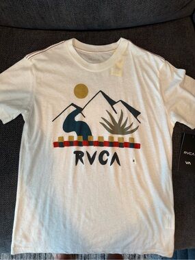 RVCA White Short-Sleeve Tee with Mountain Graphic and Gold Sun